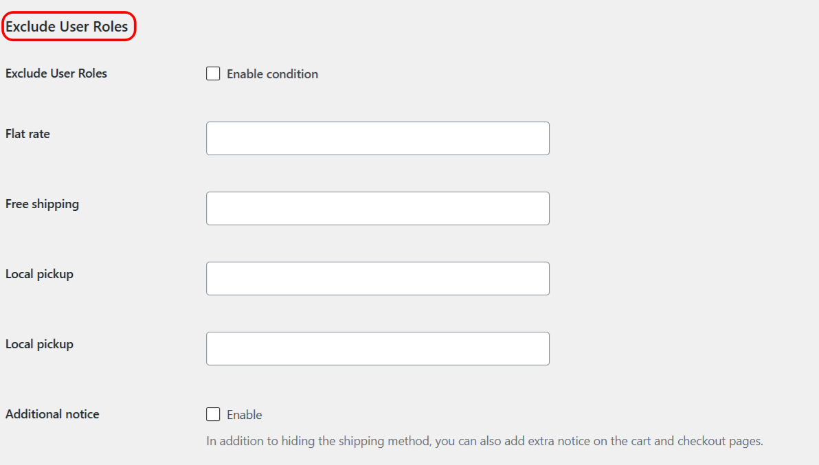 Exclude User Roles condition settings in Conditional Shipping for WooCommerce
