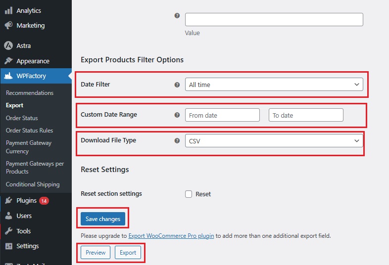 Export WooCommerce Products - Step 3 & 4 Select CSV and Pick a Date Range