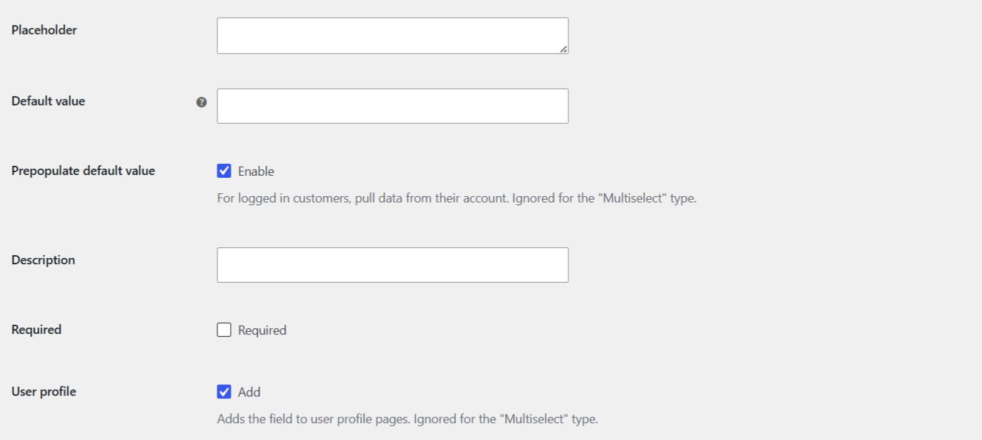 Type option on a custom checkout field