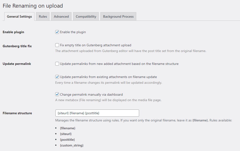 Rename Media Files General Settings tab