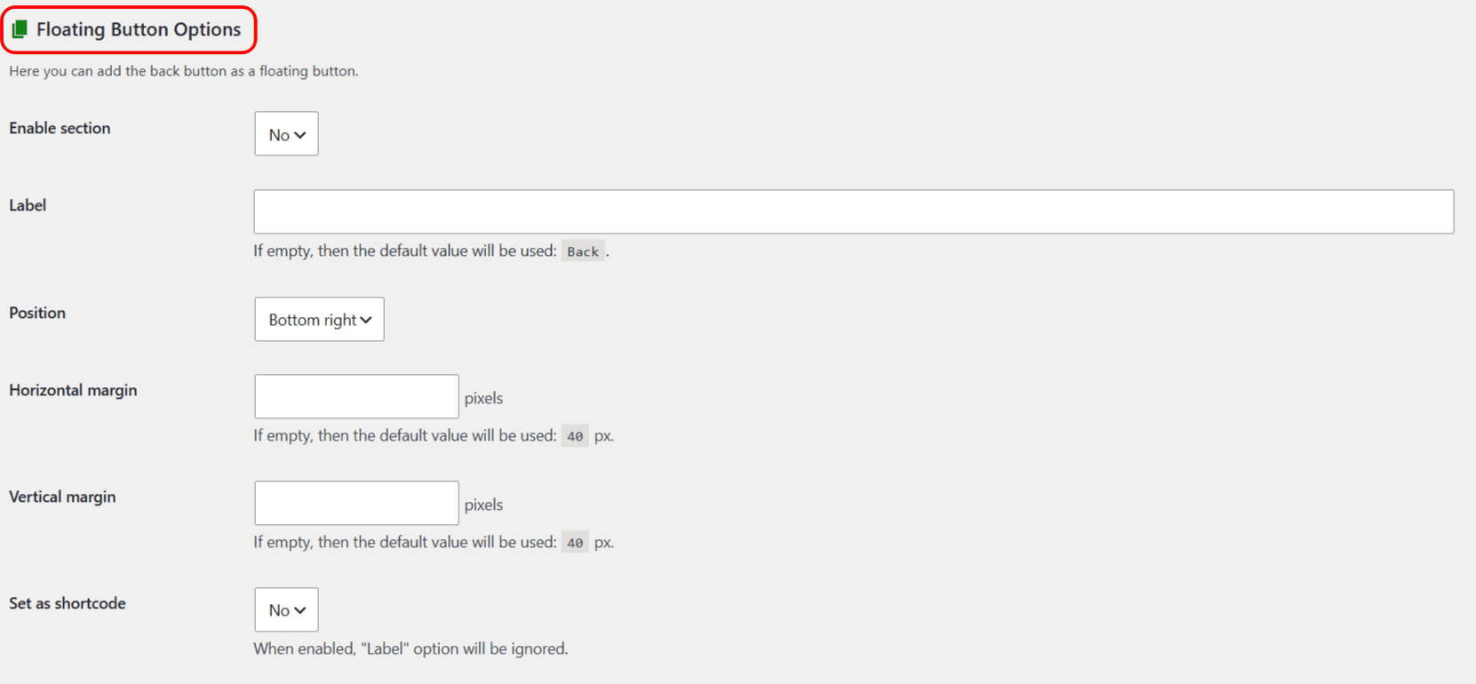 Floating Button Options section of the Back Button Widget settings
