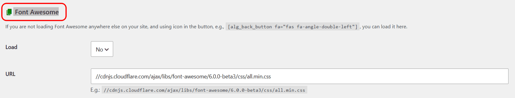 Font Awesome section of the Back Button Widget settings