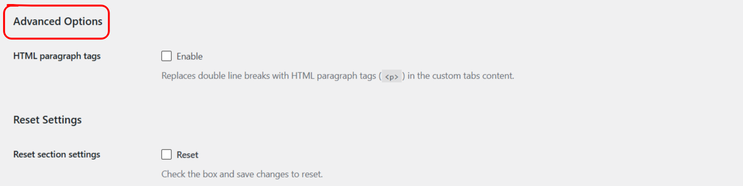 HTML paragraph tags option under General Advanced Options