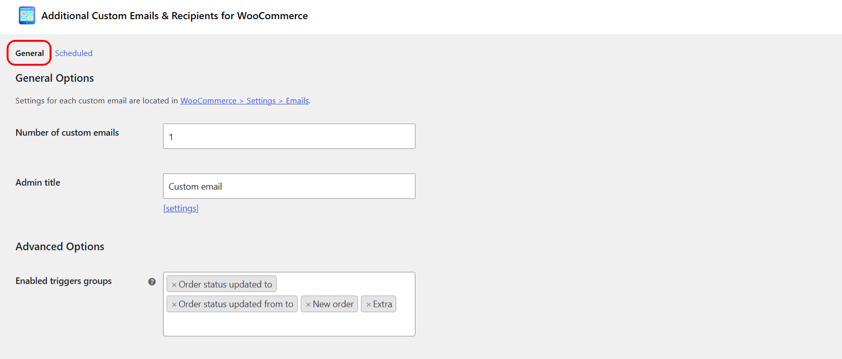 Custom Emails General Options: number of custom emails and admin title