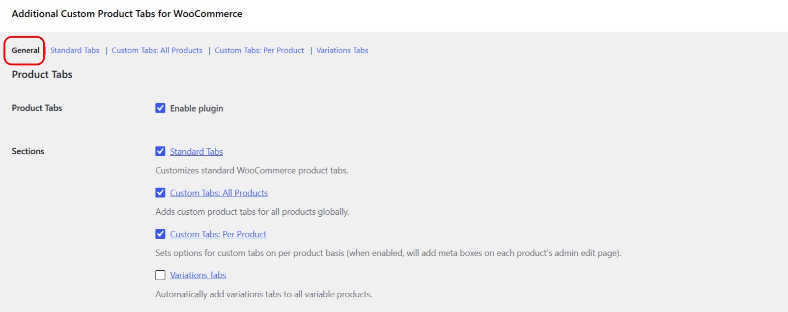 General settings section of the WooCommerce Product Tabs plugin