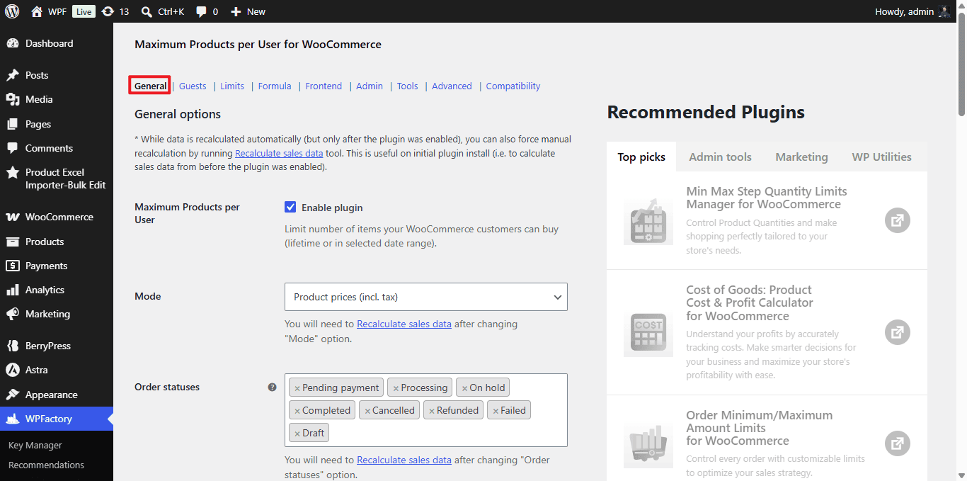 General options tab of Maximum Products per User for WooCommerce