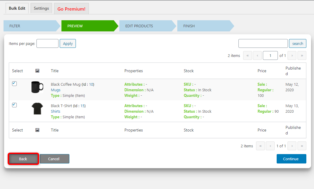 How to Bulk Edit WooCommerce Products - Elex WooCommerce Advanced Bulk Edit - Back button