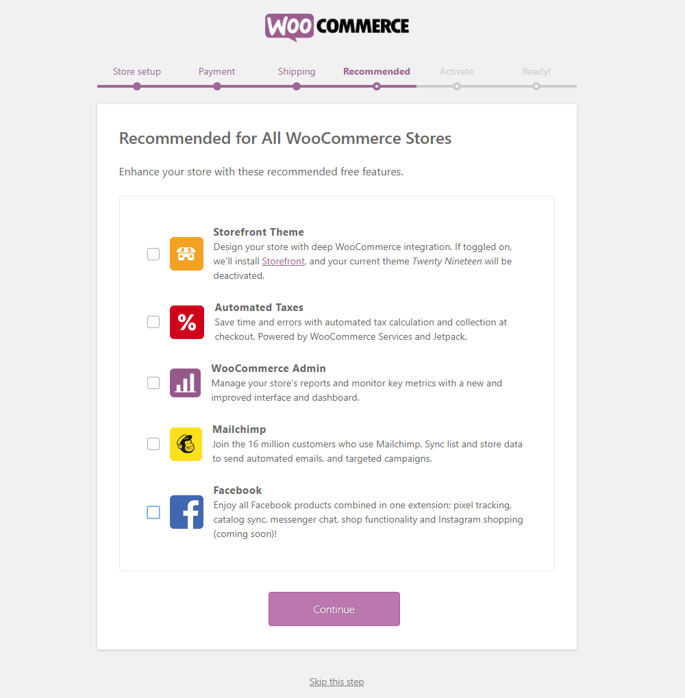 How to Get Started with WooCommerce - Install WooCommerce - Step 4 - Recommended