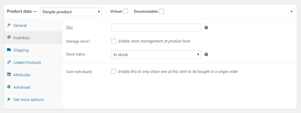 How to Get Started with WooCommerce - Setting up a product - Tabs - Inventory