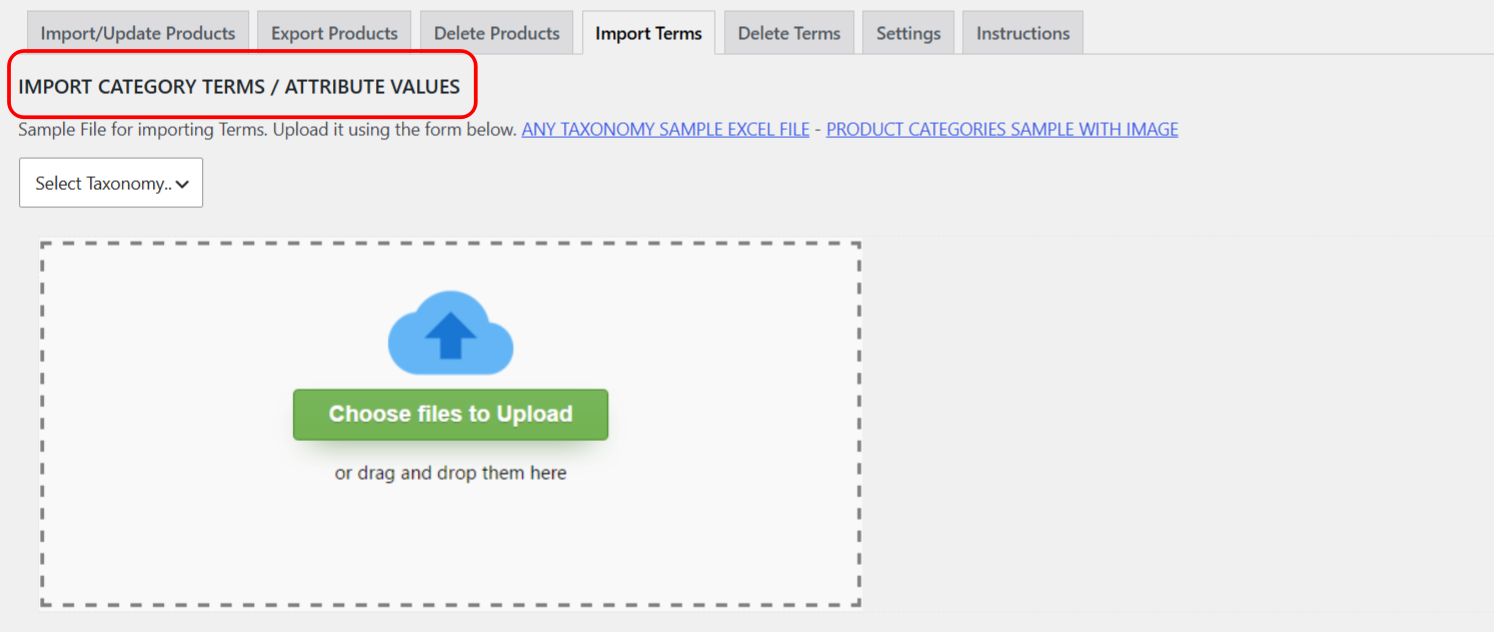The Import Terms screen with taxonomy selector and sample file links