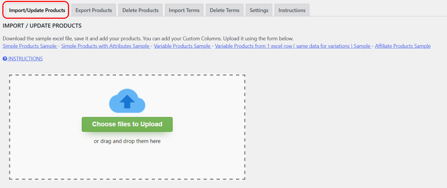 The Import/Update Products screen showing the tab bar and data mapping area