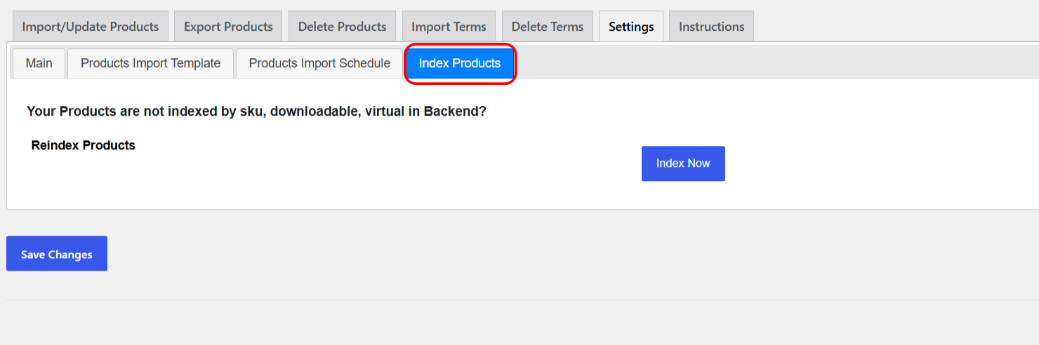 The Index Products sub-tab with the Index Now button