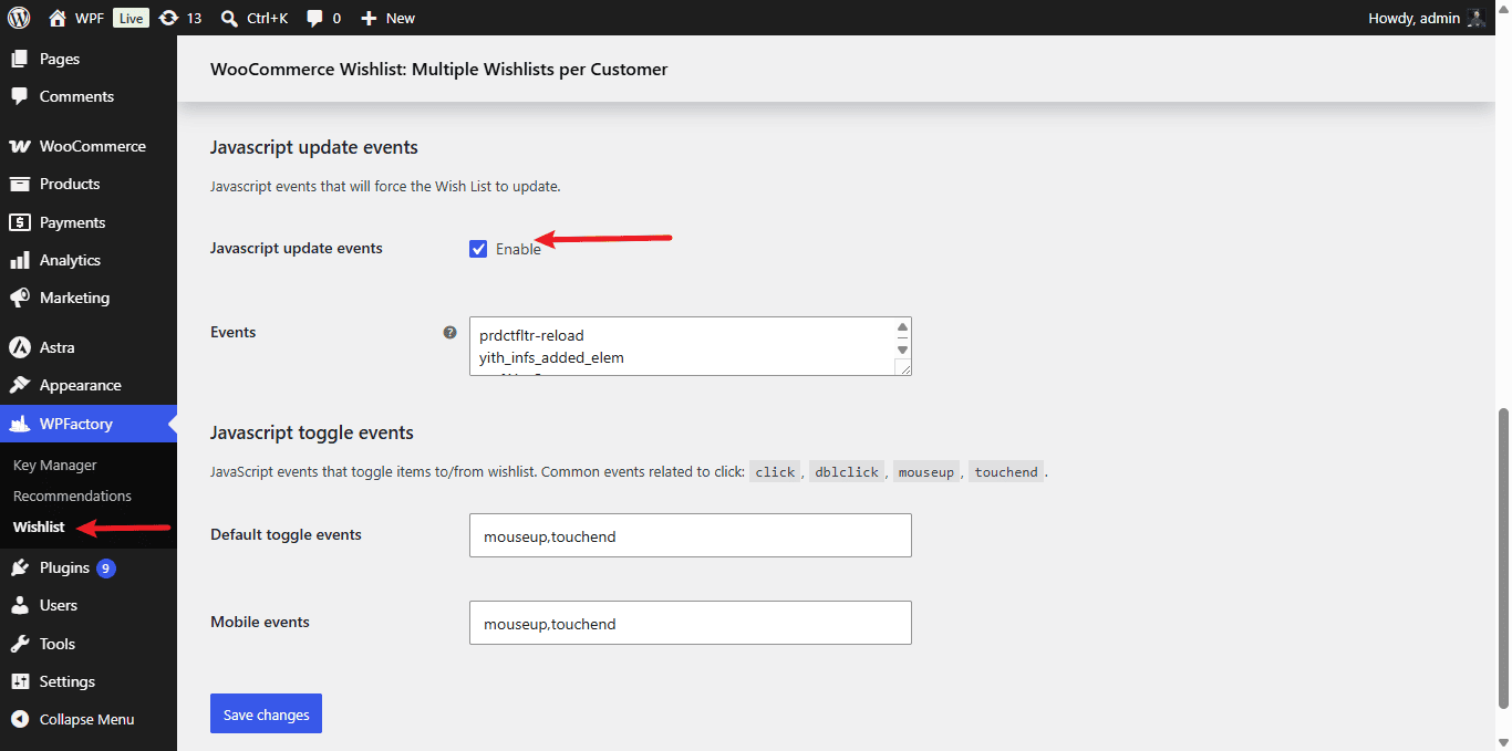 Javascript update events option on the Wishlist Advanced tab