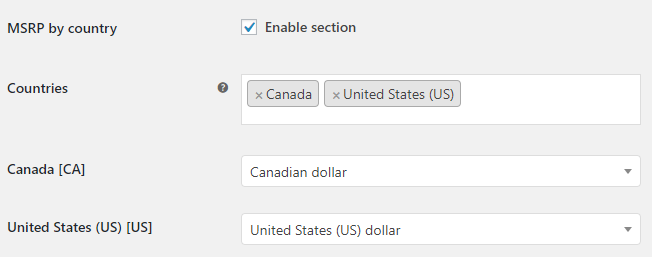 MSRP for WooCommerce - Admin Settings - Countries Options