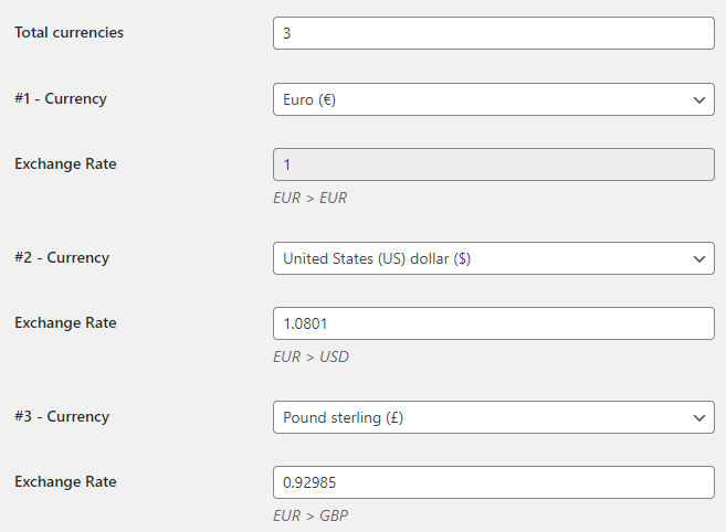 Marketplace for WooCommerce - Multicurrency Addon - Settings - Currencies Options