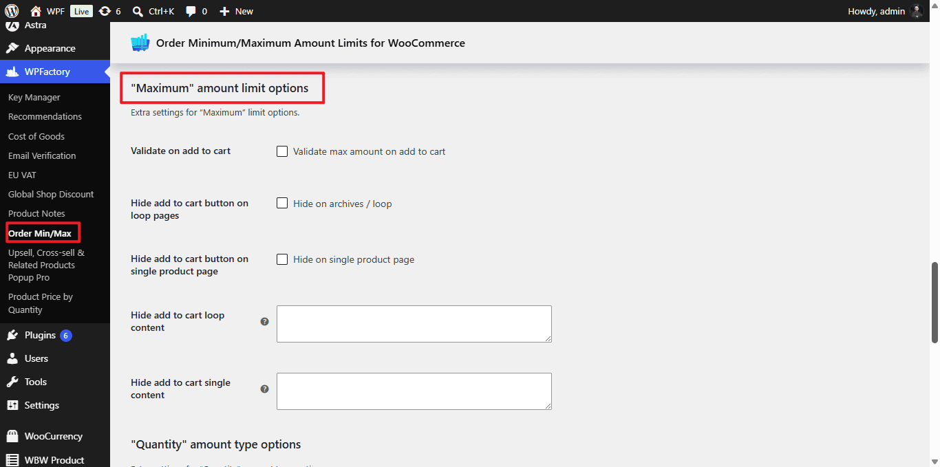 Maximum amount limit options: validate on add to cart and hide the add to cart button