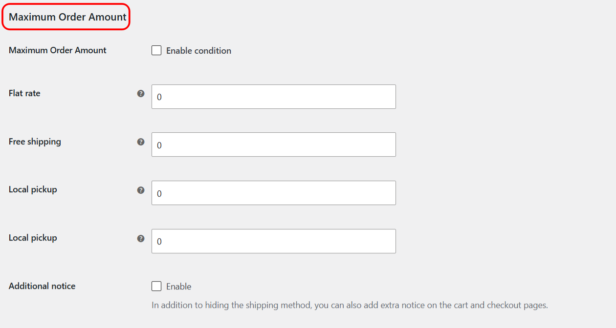 Maximum Order Amount value set for a shipping method