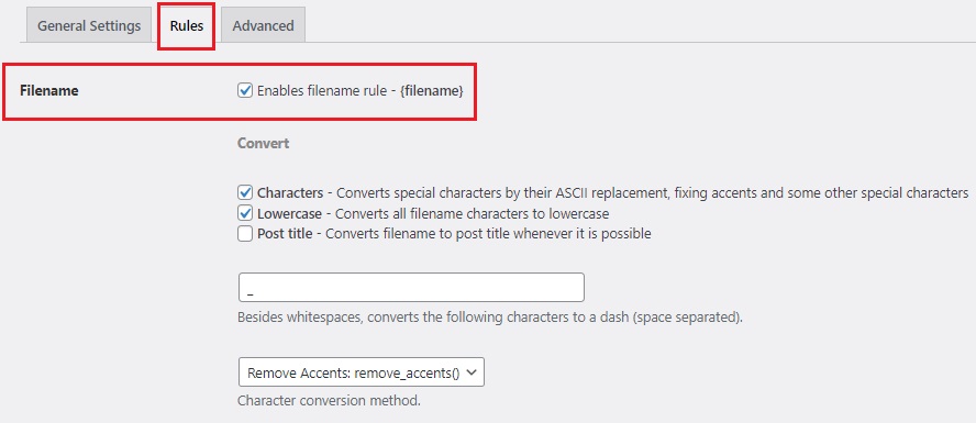 Media File Renamer WordPress - Set the Rules for Renaming 1