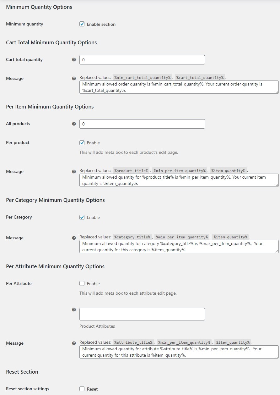 Min quantity tab settings