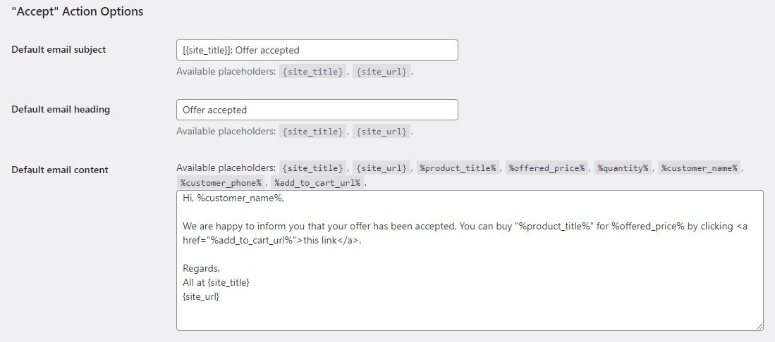 Accept email template with one-click checkout link