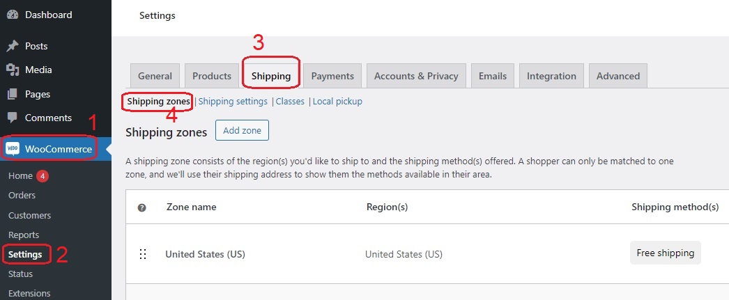 Navigate to Shipping Zones 1