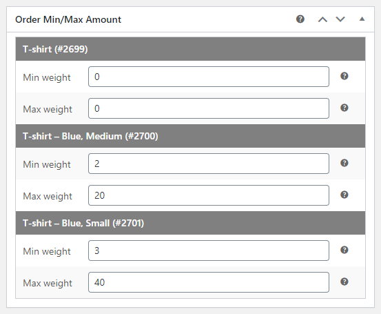 Minimum and Maximum Weight - Per product - List variations
