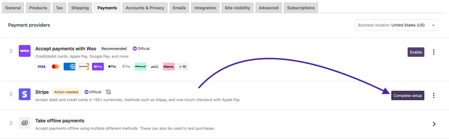 Open the Stripe payment settings
