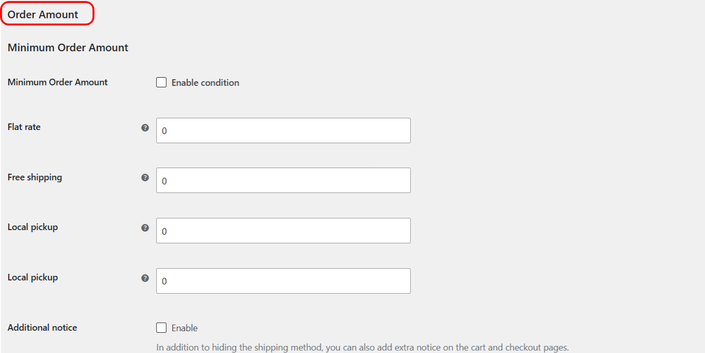 Order Amount condition settings in Conditional Shipping for WooCommerce