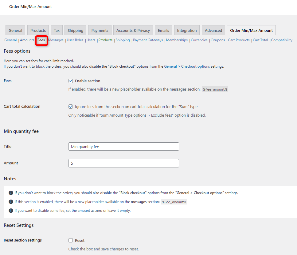 Order Minimum Maximum Amount for WooCommerce - Fees tab
