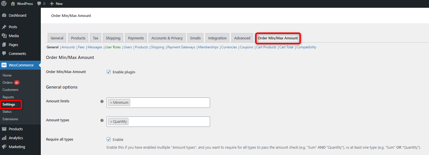 Order Minimum Maximum Amount for WooCommerce Settings