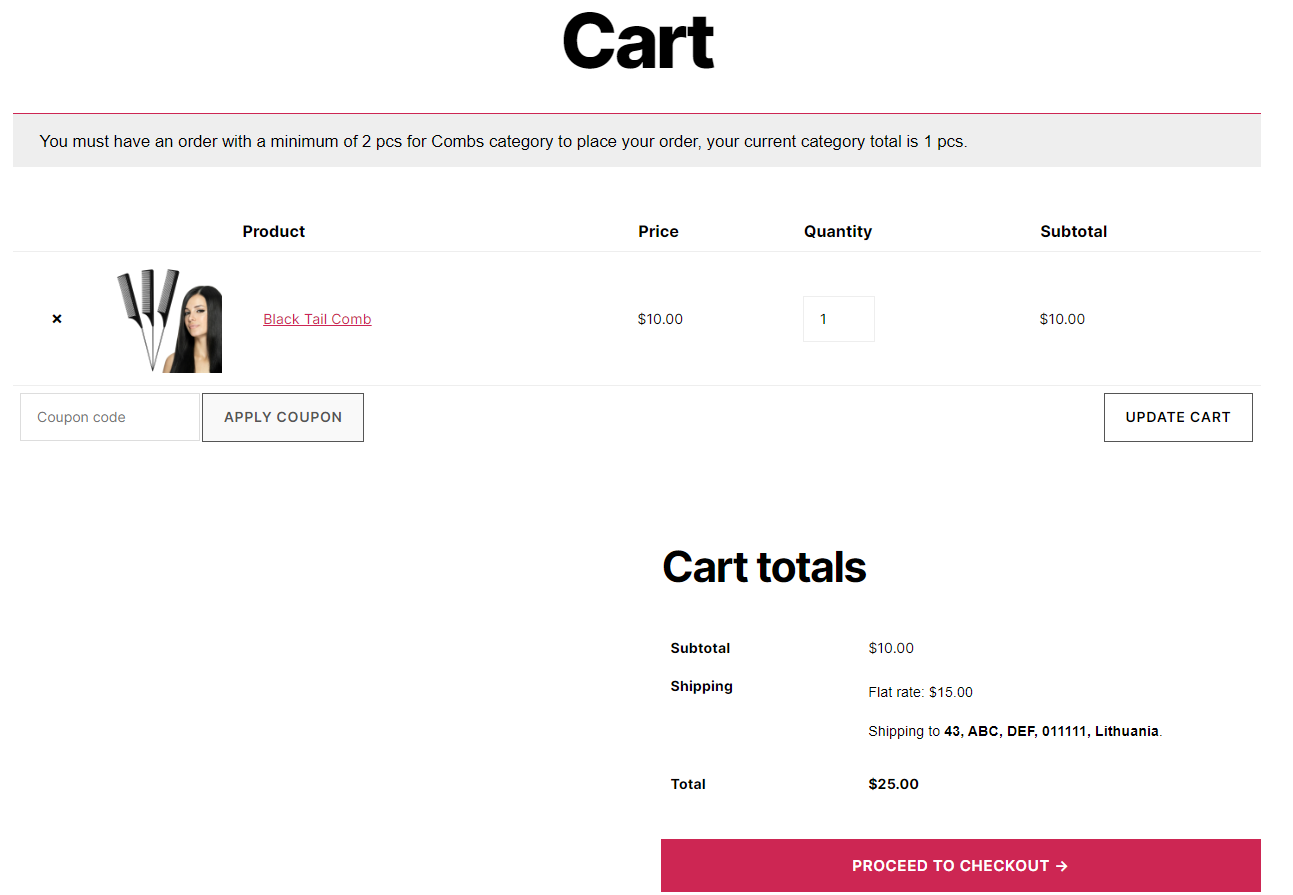 Cart message for min quantity