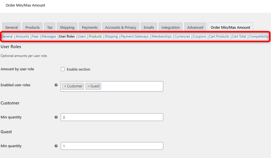 Order Minimum Maximum Amount for WooCommerce Plugin Options