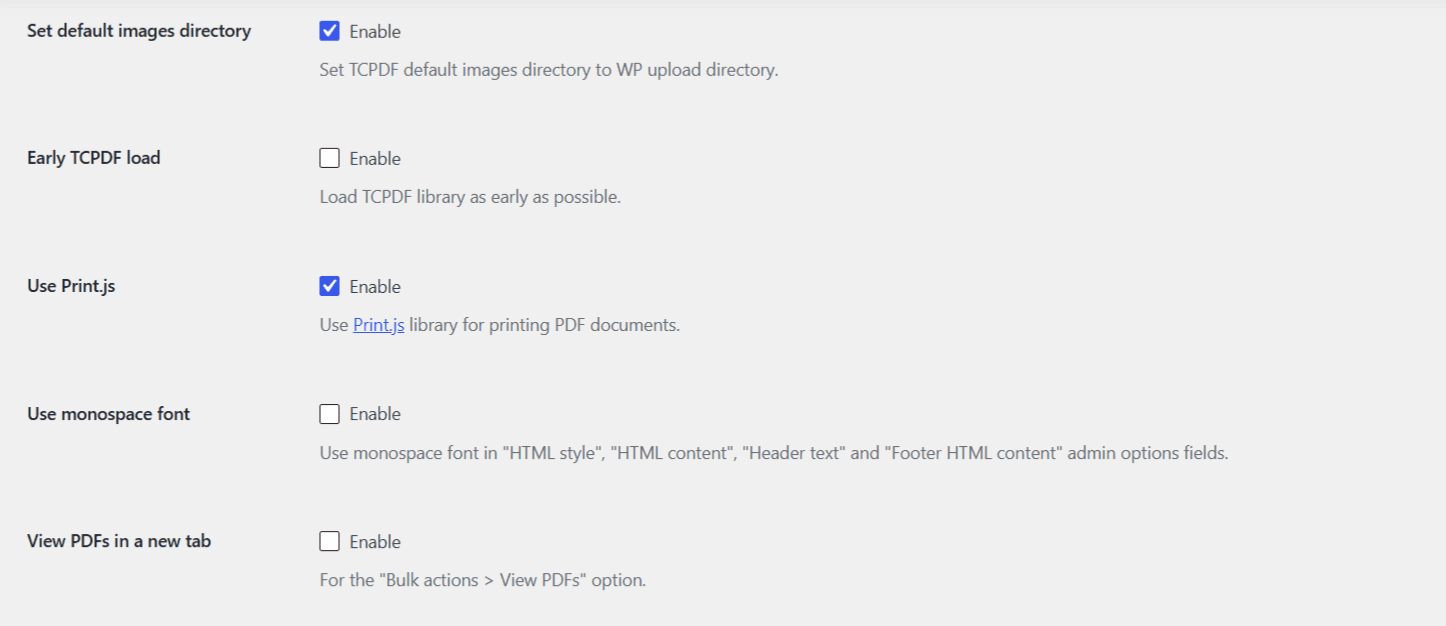PDF Invoicing advanced options screen