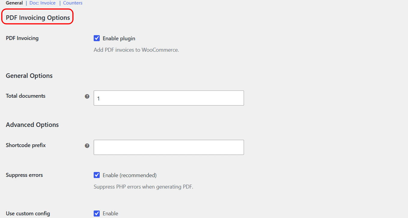 PDF Invoicing general options screen