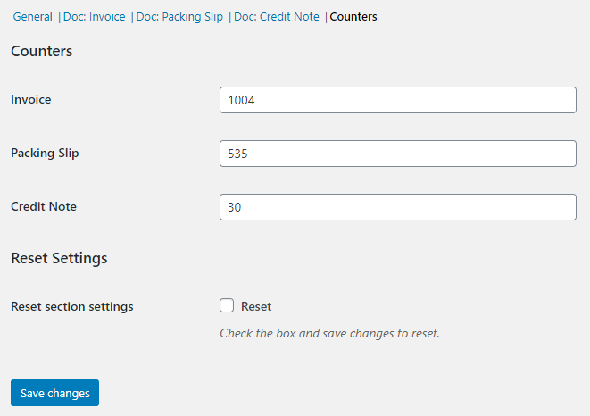 PDF Invoicing for WooCommerce - Counters Options