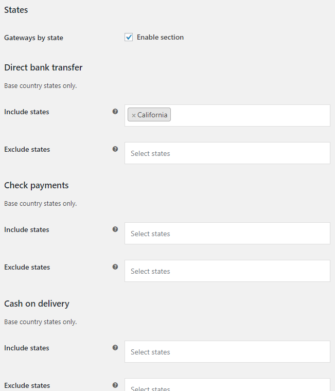 Payment Gateways by Customer Location for WooCommerce - States Options