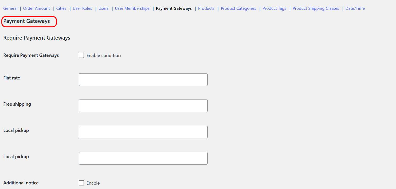 Payment Gateways condition section in Conditional Shipping settings, selecting active gateways per shipping method