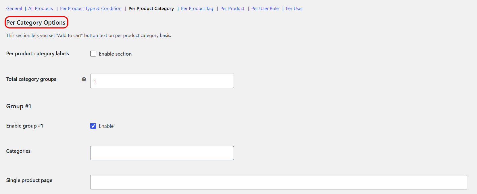 Per Category section of the Add to Cart Button Labels settings