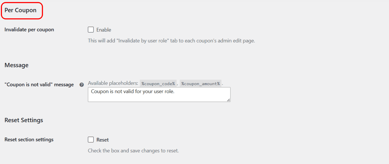 Coupon is not valid message field with available placeholders in WooCommerce