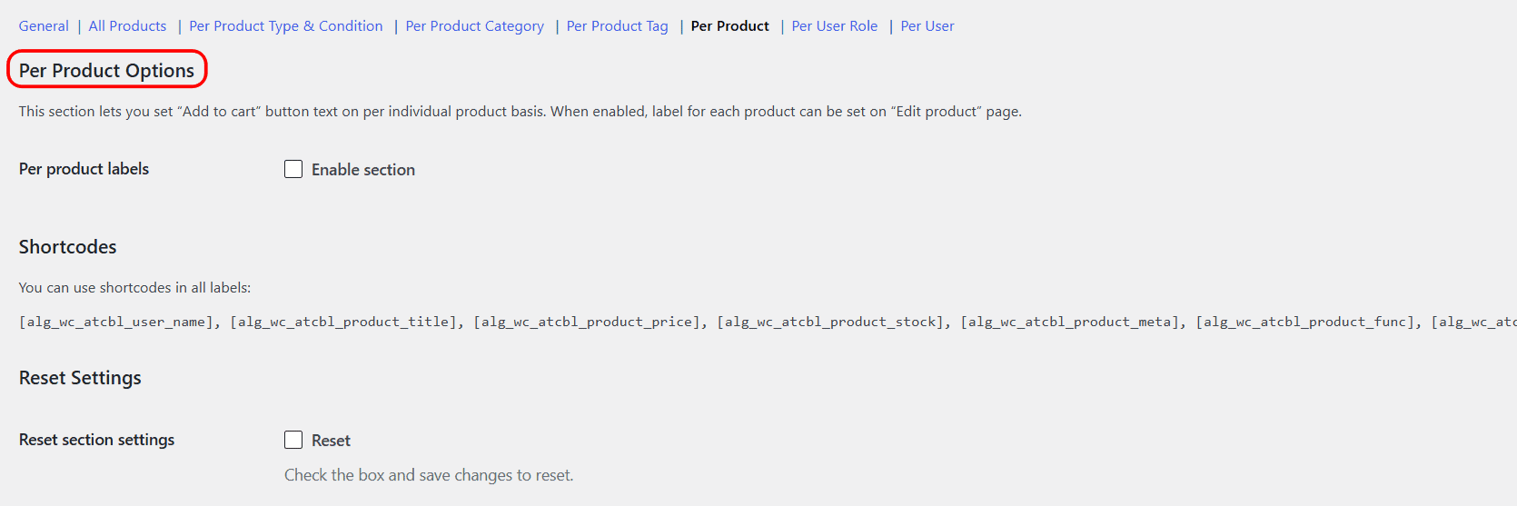 Per Product section of the Add to Cart Button Labels settings