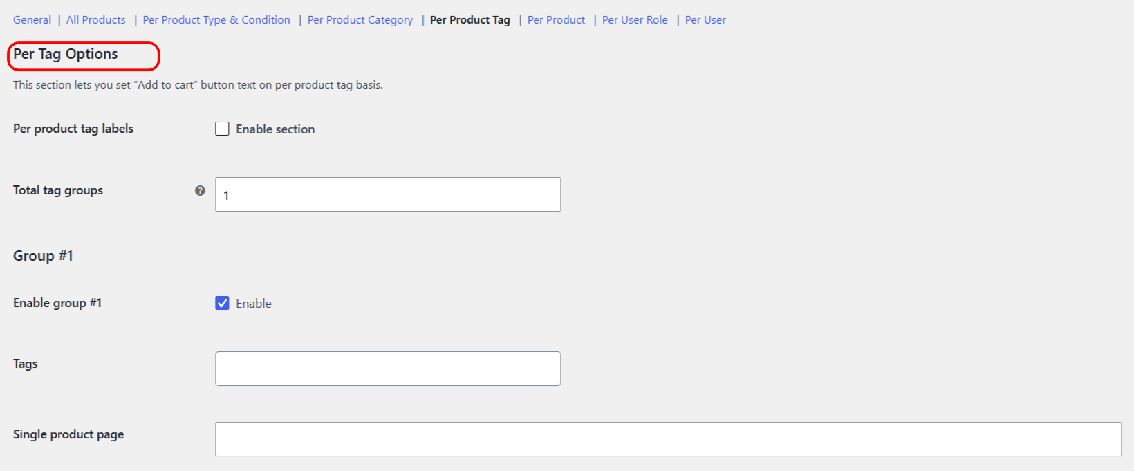 Per Product Tag section of the Add to Cart Button Labels settings