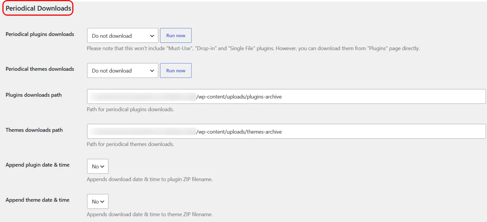 Periodical Downloads settings in Download Plugins and Themes Pro