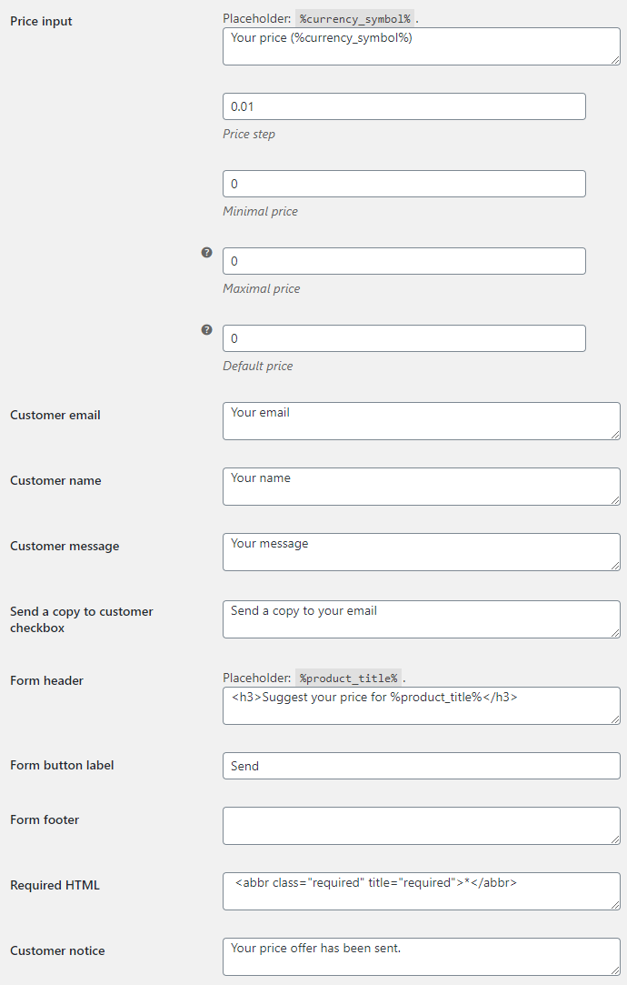 Price Offerings for WooCommerce - Form Options