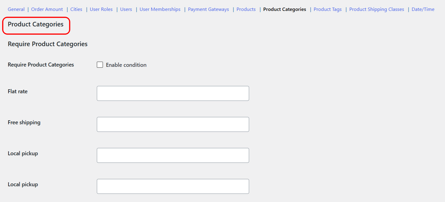 Product Categories condition section in Conditional Shipping settings, selecting categories per shipping method