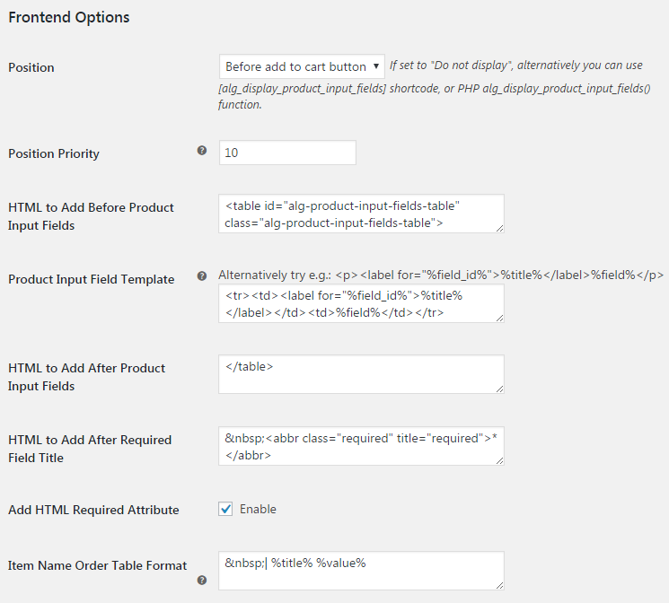 Product Input Fields for WooCommerce - Frontend Options