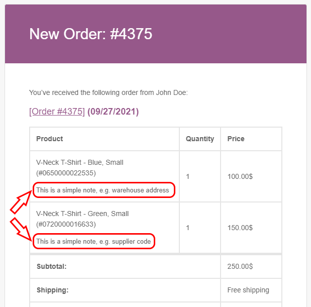 Product Notes for WooCommerce - Admin Email Example