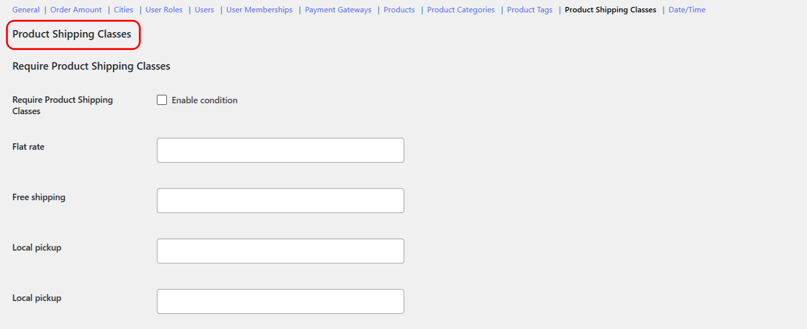 Product Shipping Classes condition section in Conditional Shipping settings