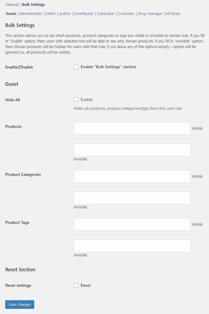 Product Visibility by User Role for WooCommerce - Admin Settings - Bulk Options