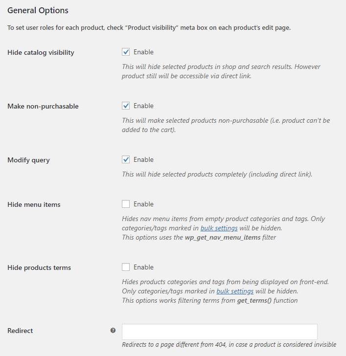 Product Visibility by User Role for WooCommerce - Admin Settings - General Options