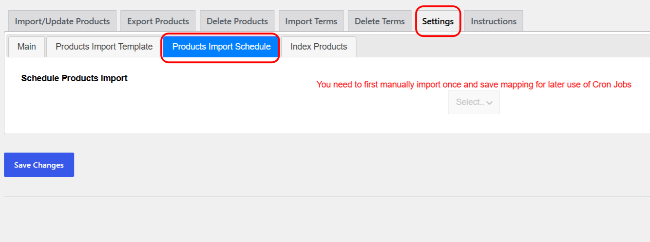 The Products Import Schedule sub-tab with schedule type, URL, frequency, and email fields